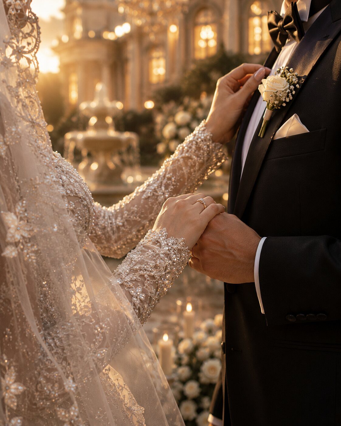 A bride pinning a white rose boutonnière on the groom